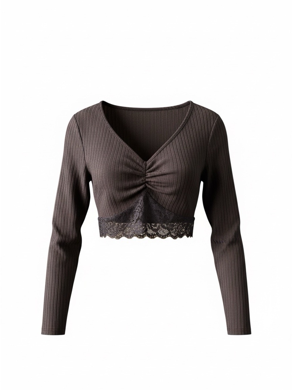 Women's Ribbed V-Neck Long Sleeve Cropped Top with Lace Trim - Brown